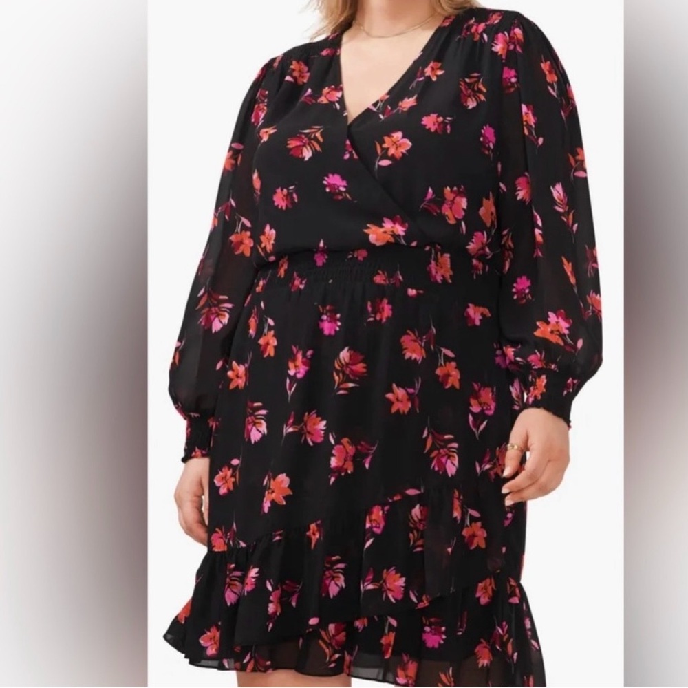 NWT Vince Camuto Black Floral Smocked Surplice Ruffle Dress Plus 1X